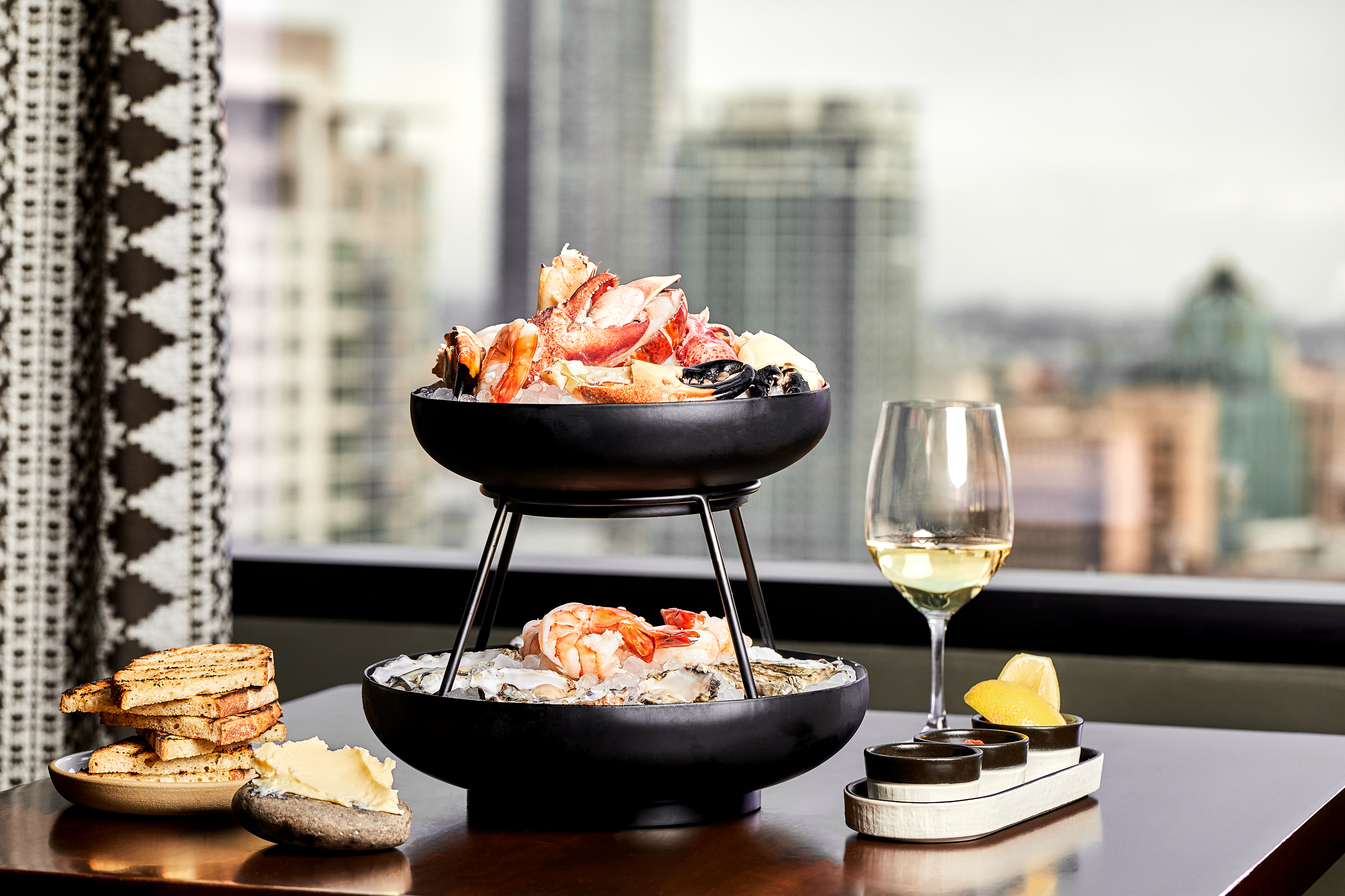Seafood tower with shrimp and crab.